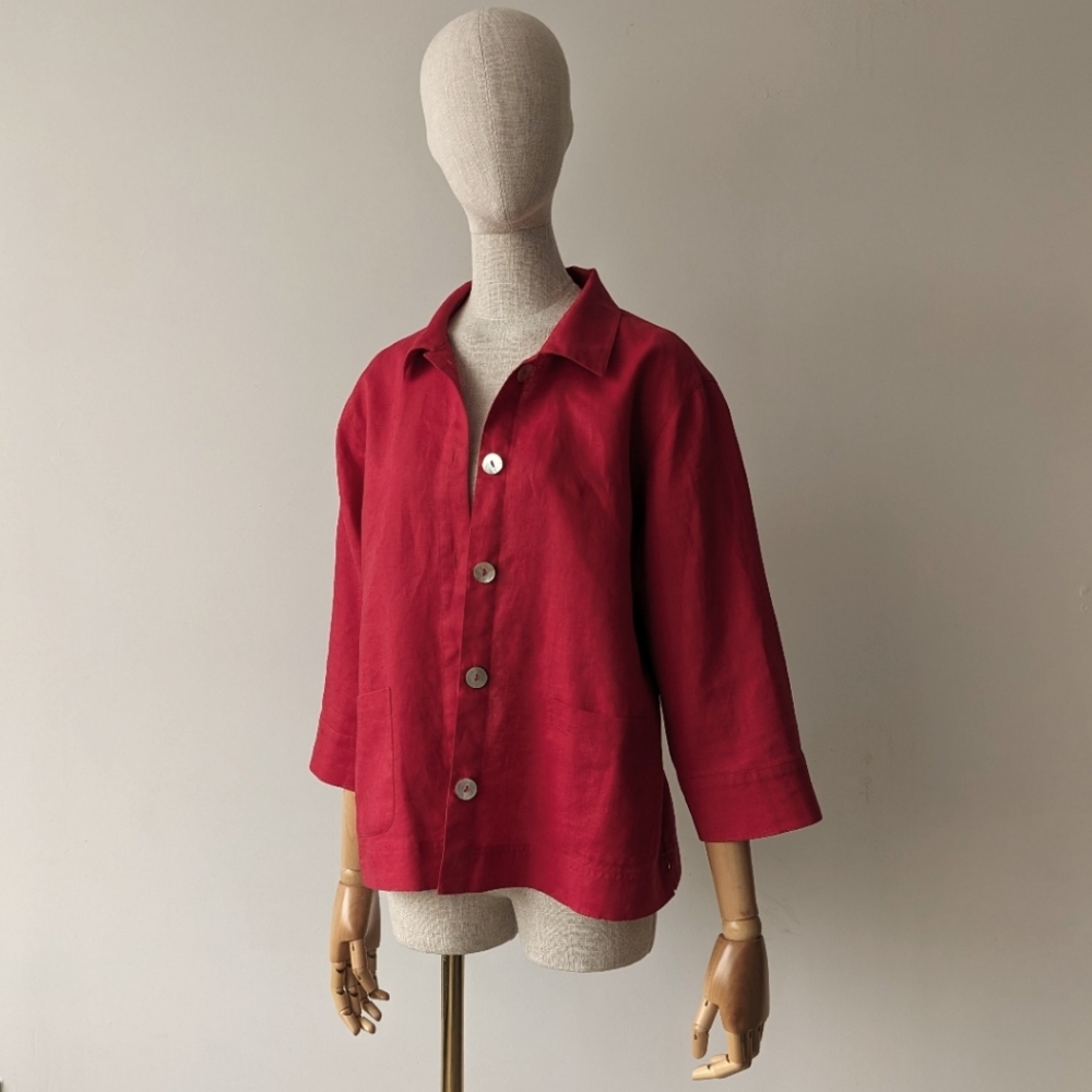 Twyla Blu Linen Red Button Up Shirt Jacket Women's Size M